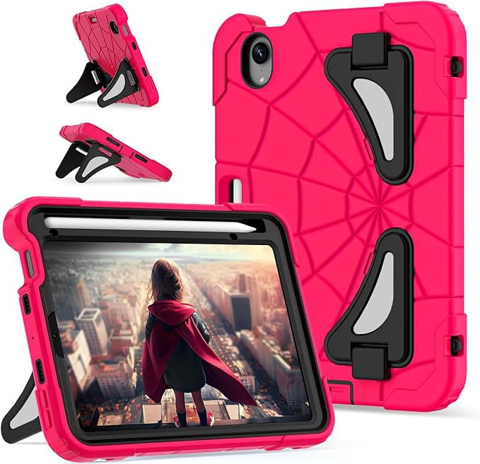 Kids Case for iPad mini 7 A17 Pro 2024/ Mini 6 8.3 inch Spider Case for iPad mini 7th 6th Generation Shockproof Durable Full Protective Cover with Pencil Holder Kickstand (Rose red+Black)