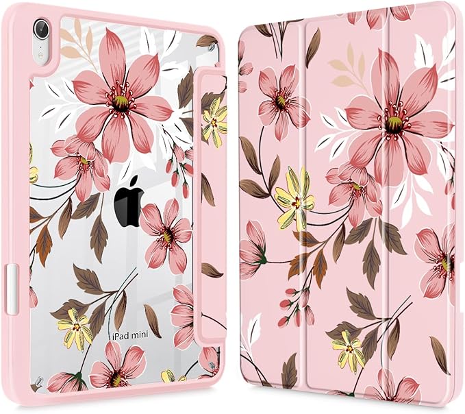 Mektron Printed Case for iPad mini 7 (A17 Pro) 2024/ Mini 6 2021 iPad mini 7th/6th Generation 8.3-inch Liquid Retina Display Cover Buit in Pencil Holder with Clear Back Shell Floral C293
