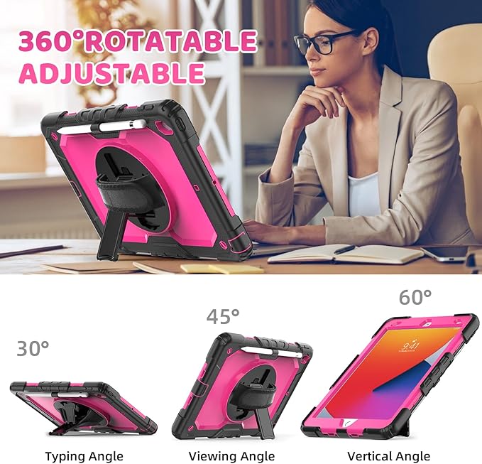 BLOSOMEET Case for iPad 9th Generation 2021 10.2 Inch with Tempered Glass Screen Protector &amp Pencil HolderProtective Kids iPad 7th/8th Gen Cover 2020 2019 w/Stand Hand Shoulder StrapRosered