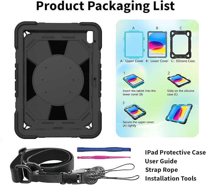JKSML Case for iPad (A16) 11th Generation 11 Inch 2025 / iPad 10th Gen 10.9 Inch 2022 Military Grade Protection Cover with 360° Rotating Kickstand &amp Pencil Holder &amp Shoulder Strap (Black)