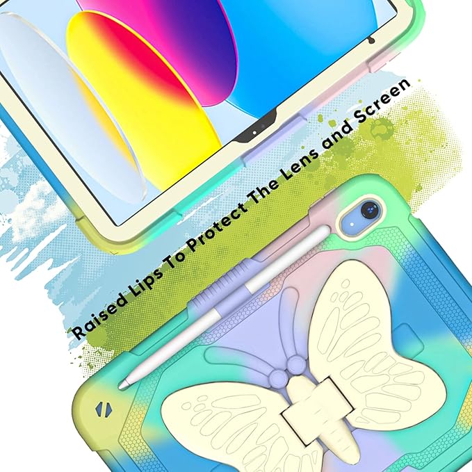 Dteck iPad A16/10th Generation 2025/2022 Case with Kickstand Butterfly Wings Pencil Holder Heavy Duty Hard Rugged Protective Kids Girls Cover for iPad 10th Gen 10.9 Inch 2022Colorful/Green