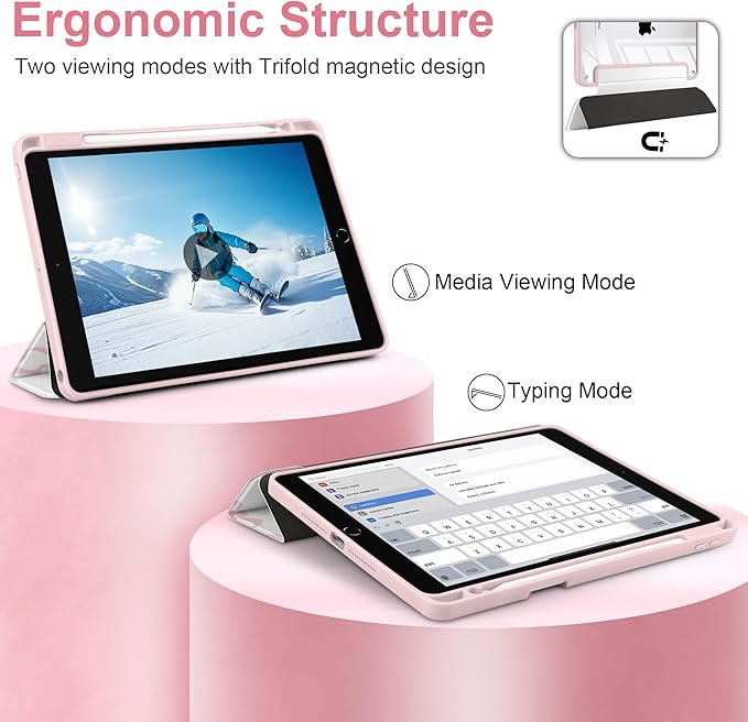 MEEgoodo Case for iPad 10.2 inchTablet Cases for iPad 9th Generation 2021/8th Gen 2020/7th Gen 2019 with Clear Acrylic Back Shell+Pencil Holder+Auto Wake/Sleep+Trifold StandTrendy Bow &amp Hearts