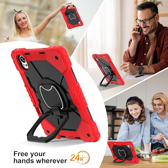Shoulder Strap Tablet Case for Huawei MatePad Air (2025/2024) Heavy Duty Shockproof Protective Cover with Kickstand Handle Shoulder Strap for Kids Women Man Red Black