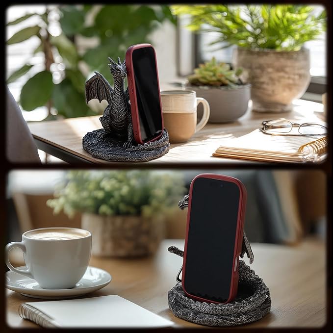 Gothic Dragon Cell Phone Holder Resin Gothic Standing Guardian Dragon Cell Phone Stand with Outstretched Arm for Medieval Decoration Desk Accessories Office 5.78 x 4.25 x 6 Inch