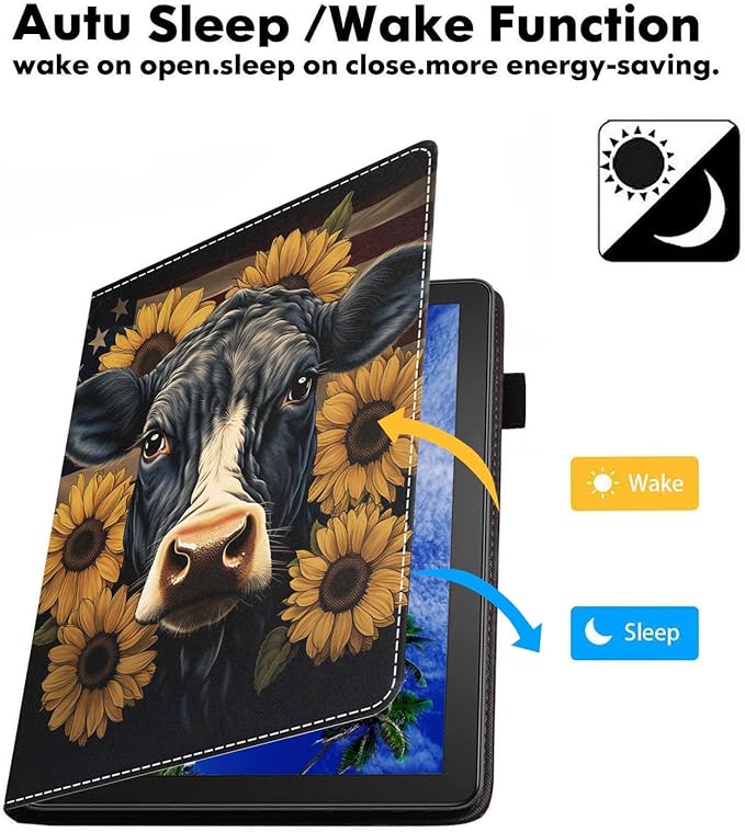 Case for Amazon Kindle Fire 7 Tablet (7 9th/7th Generation 2019/2017 Release) Slim PU Leather Cover with Card Slot &amp Auto Wake/Sleep American Flag Cow Sunflower