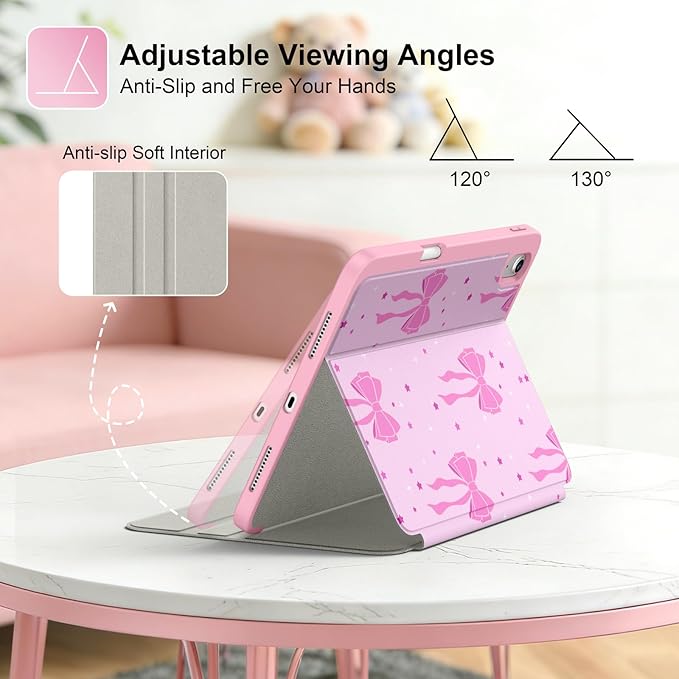 Supveco Case for iPad (A16) 11th Generation 11 inch (2025)iPad 10th Generation 10.9 inch (2022) with Pencil HolderPremium Folio Stand Case with Soft TPU Back CoverAuto Wake/Sleep-Pink Bows