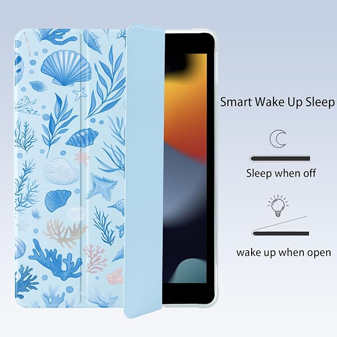 Cute Sea Shell Ocean for iPad 7th/8th/9th Generation Case with Pencil Holder Auto Sleep/Wake Blue Leather Soft TPU Back Cover for iPad 10.2 Inch 2019/2020/2021
