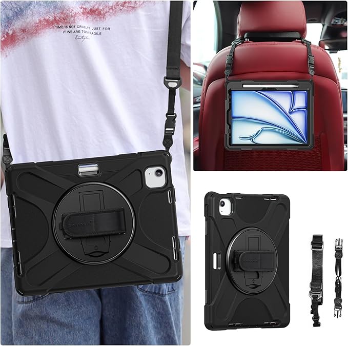 Sahara for iPad Air 11-inch (M4 2026 / M3 2025 / M2 2024) Case - Heavy-Duty Protective Cover with Screen Protector Kickstand Pencil Holder Rotating Hand Strap &amp Shoulder Strap Raider-X Series