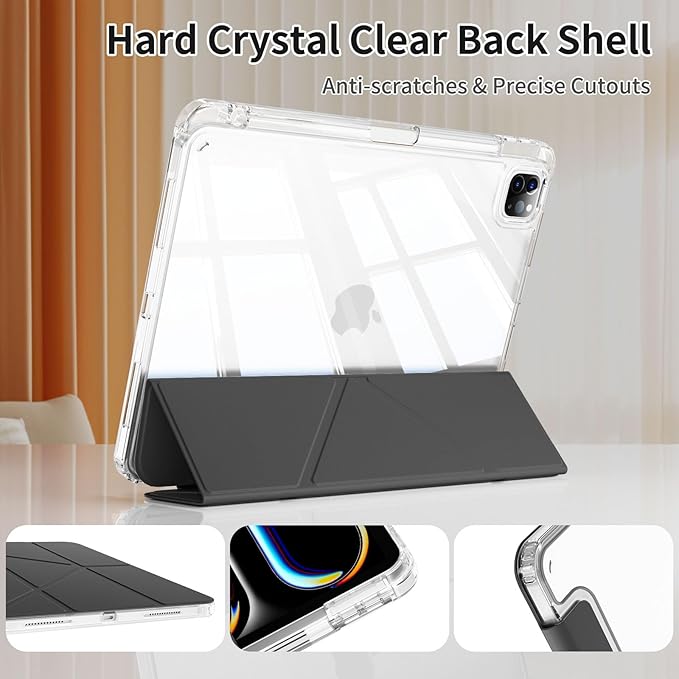 kenke Case for iPad Air 13 Inch (M3 2025/M2 2024) iPad Pro 12.9 Inch 6th/5th Generation (2022/2021) with Pencil Holder Y Folding Stand Cover with Hard Clear PC Back Support Touch ID Black