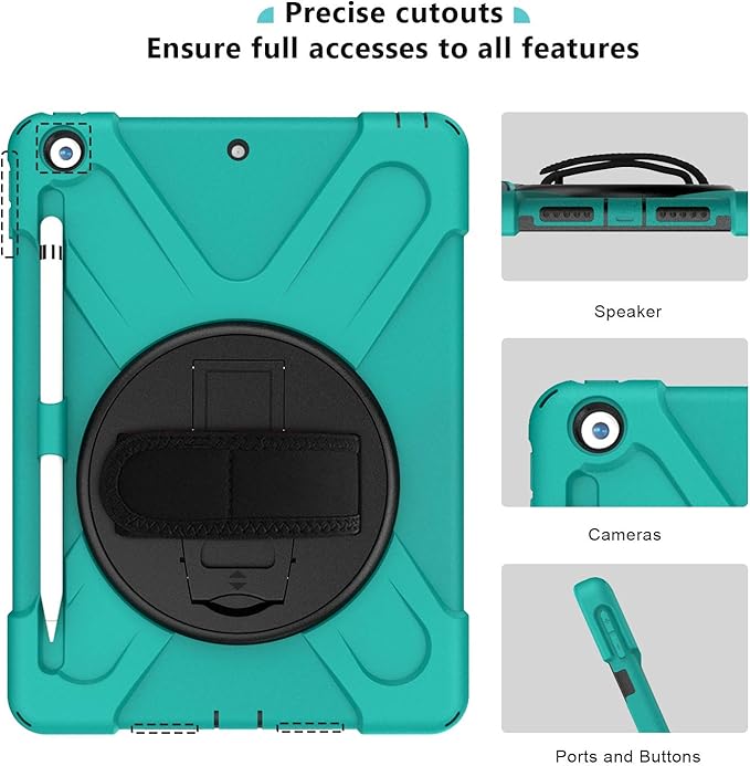 ProCase Rugged Case for iPad 9th/ 8th/ 7th Generation 10.2 (2021/2020/2019) Heavy Duty Shockproof Protective Cover with Strap for iPad 9/8/7 -Teal