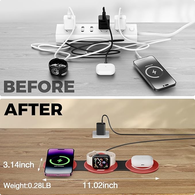 Hicober 3 in 1 Wireless Charging Station for Apple Watch and iPhone Air 17 16 15 14 13 12 Pro Max/Plus Magnetic Foldable Wireless Travel Charger Station Stand for Airpods iWatch All Series Dark Red