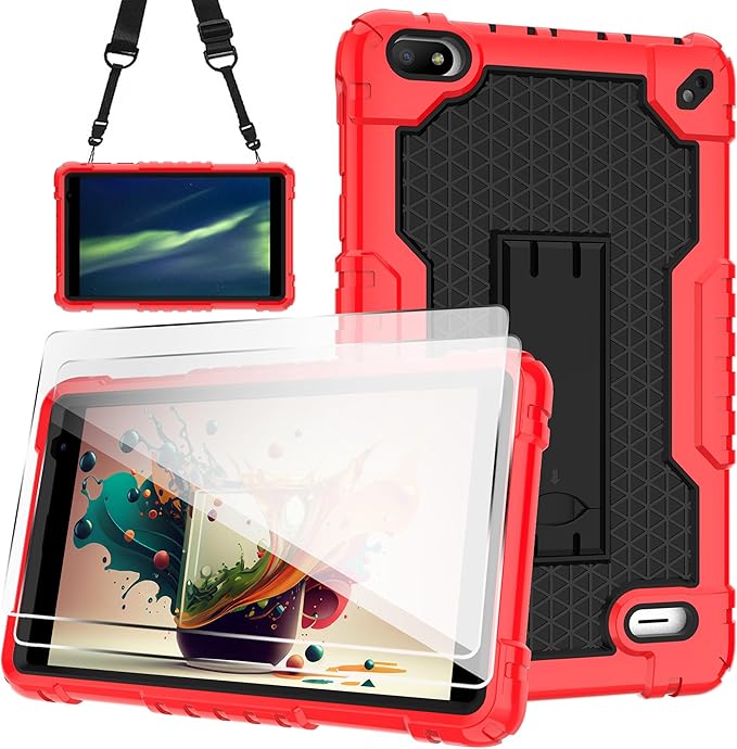 Case for BLU M8L 2022BLU M8L Plus 8 inch Tablet - [Built-in Kickstand] Anti Slip Kids Friendly Shockproof Silicone Protective Cover with Screen Protector (Red/Black/2 PCS)