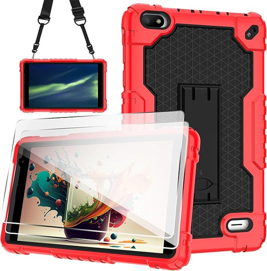 Case for BLU M8L 2022BLU M8L Plus 8 inch Tablet - [Built-in Kickstand] Anti Slip Kids Friendly Shockproof Silicone Protective Cover with Screen Protector (Red/Black/2 PCS)