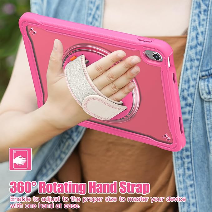 Case for iPad (A16) 11th/10th Generation 2025/2022 11/10.9 inch Rugged Shockproof Protective Cover with Screen Protector 360° Rotating Hand Strap&ampStand Pencil Holder Rose