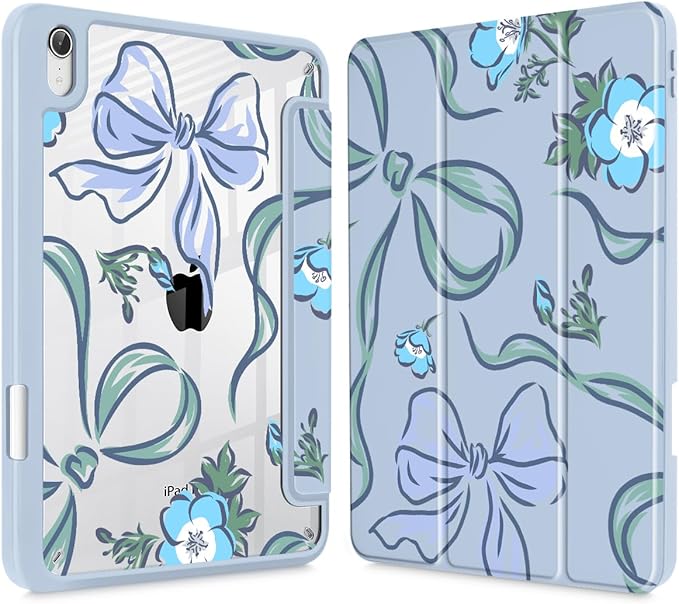 Mektron Printed Case for iPad mini 7 (A17 Pro) 2024/ Mini 6 2021 iPad mini 7th/6th Generation 8.3-inch Liquid Retina Display Cover Buit in Pencil Holder with Clear Back Shell Flowers-Bows-Blue