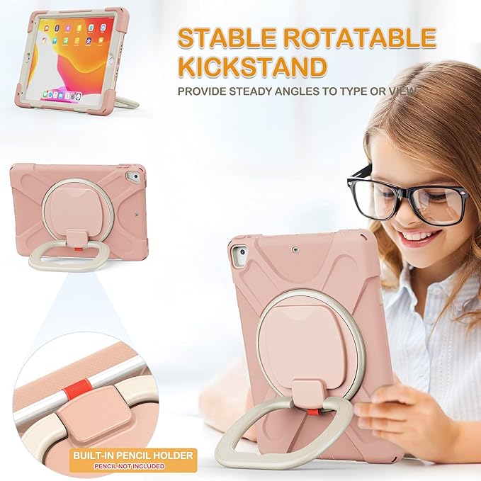BRAECN Kids iPad Case Rugged Silicone Cover with Hand Grip Pencil Holder Shoulder Strap Stable Kickstand for iPad 9.7 inch 2018/2017/2016/2014 Rose Gold