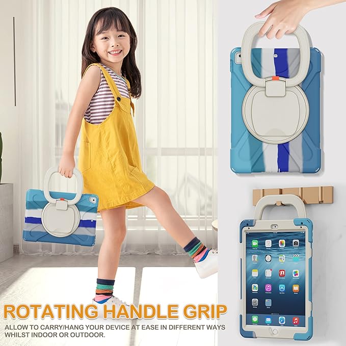 BRAECN Case for 9.7 Inch iPad 6th/5th Generation/iPad Pro 9.7 Inch/iPad Air 2 Full-Body Rugged Case w/Pencil Holder/Swivel Stand/Hand Grip/Adjustable Shoulder Strap for Boys &ampGirls-Colorful Blue