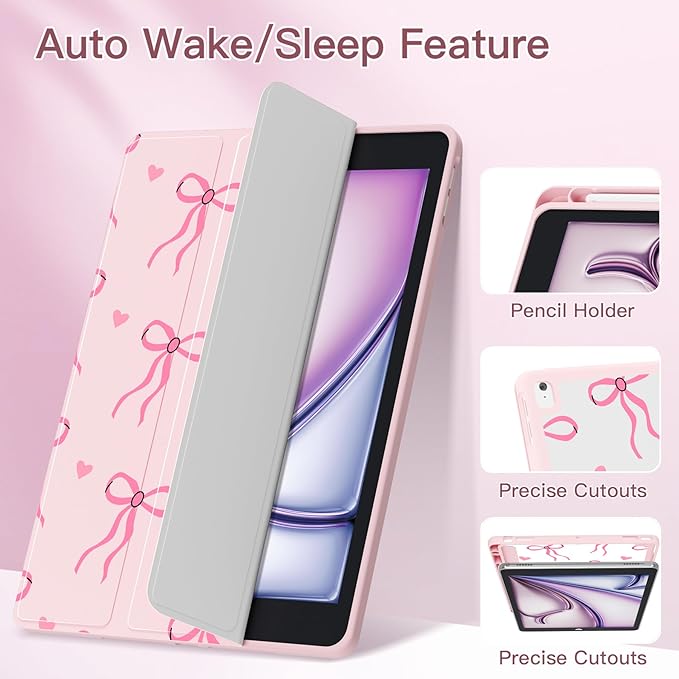 Teryeefi for iPad 9th Generation Case Clear Back Cover with Pencil Holder &amp Auto Sleep/Wake for iPad 10.2 inch 9th/8th/7th Generation 2021/2020/2019 - Cute Pink Bow