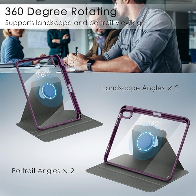 Soke Rotating Case for iPad (A16) 11th Generation 2025 iPad 10th Gen 2022 with Pencil Holder [Shockproof + Auto Sleep/Wake] 360 Degree Rotation Clear Back for iPad 11/10.9 - Purple