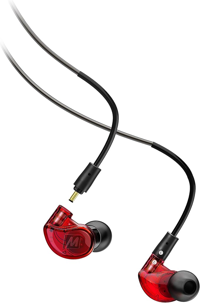 MEE audio M6 PRO In Ear Monitor Headphones for Musicians 2nd Gen Model With Upgraded Sound Memory Wire Earhooks &amp Replaceable Cables Noise Isolating Professional Earbuds 2 Cords Included (Red)