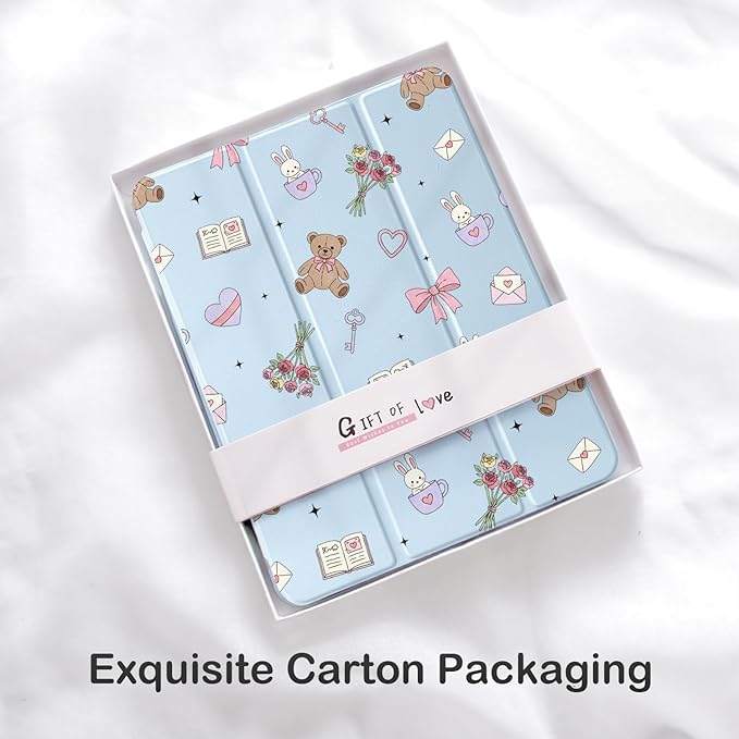 Cute Kawaii Bunny Bear Flower for iPad Pro 12.9 Inch Case 5th/6th Generation 2022/2021/2020 with Pencil Holder Auto Sleep/Wake Blue Leather Clear Acrylic Back Cover