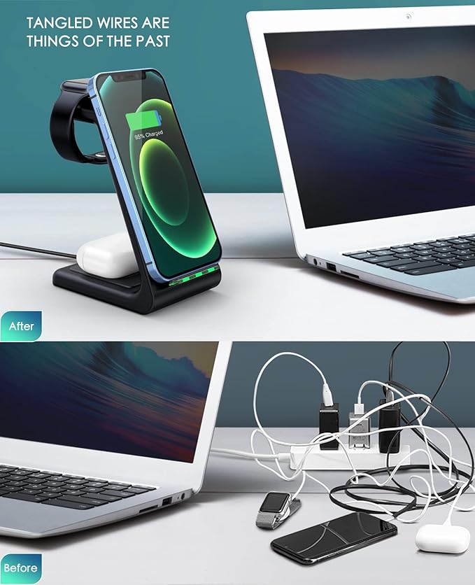 3 in 1 Wireless Charging Station 2026 Upgraded Fast Desk Charger Station for iPhone 17 16 15 14 13 12 Pro Max Plus Charger Stand for Apple Watch 10 9 8 7 6 5 4 3 2 SE Airpods 4 3 2 Pro(Black)