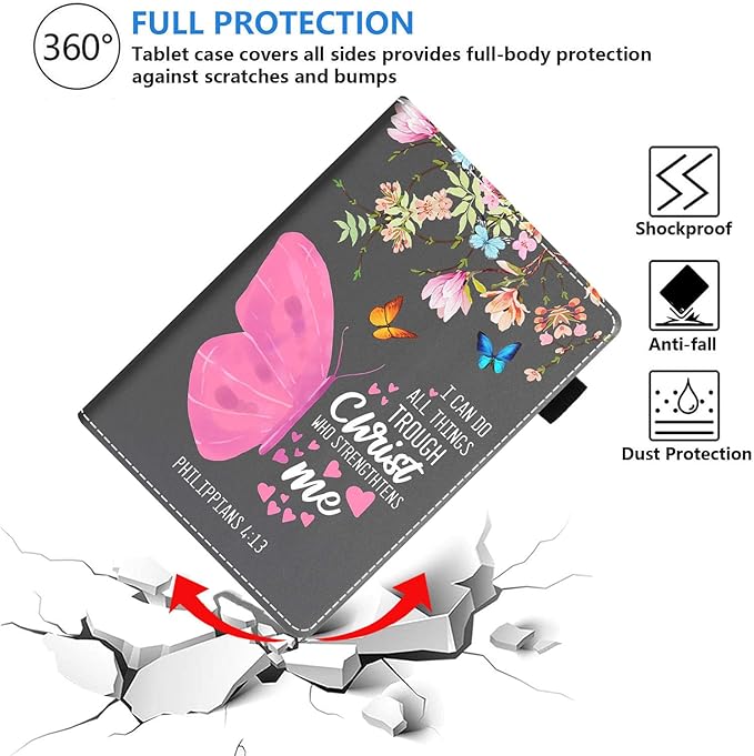 Case for Amazon Fire HD 10 &amp 10 Plus Tablet (13th/11th Gen 2023/2021 Release) 10.1 Premium PU Leather Stand Cover with Smart Auto Wake Floral Butterfly Quote Bible Verse Philippians 4:13