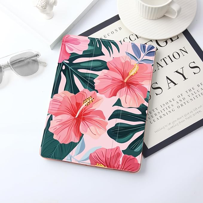 JOYLAND Hibiscus Flower for iPad 10th Generation Case 10.9 inch/iPad (A16) 11th Generation 11 Inch 2025 with Pencil Holder-Trifold Stand Protective Cover with Soft TPU BackPink