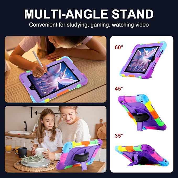 for iPad 6th Generation/iPad 5th Gen/iPad Air 2/iPad Pro 9.7 Case with Cute Key Chain Rugged Protective Case with Rotating Stand &amp Shoulder Hand Strap for iPad 6th/5th/ Air 2 (Rainbow Purple)