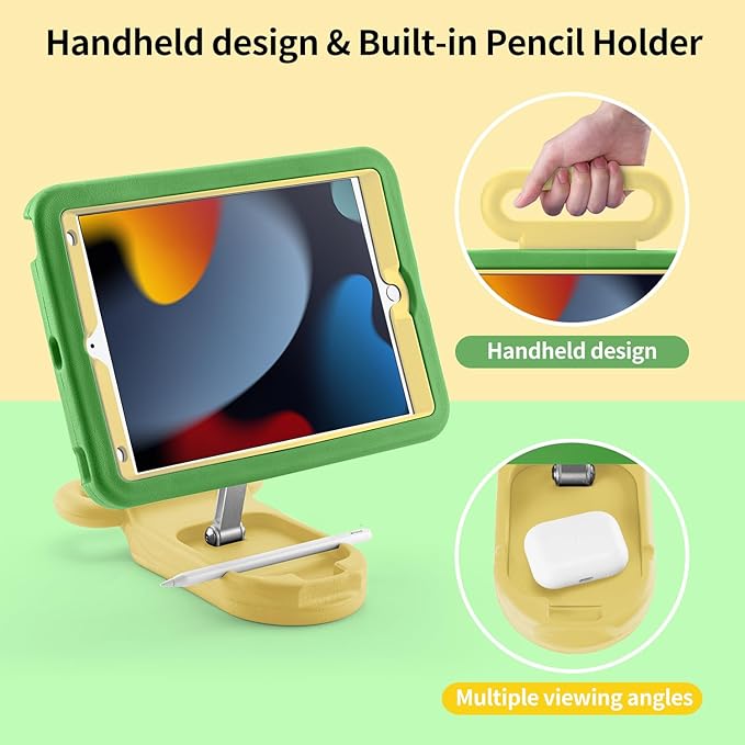 Kids Case for iPad 9th Gen 2021/ iPad 8th Gen 2020/ iPad 7th Gen 2019 Adjustable Portrait/Landscape Stand Drop Proof with HandleChild Friendly Cover for iPad 10.2 Inch (GreenYellow)