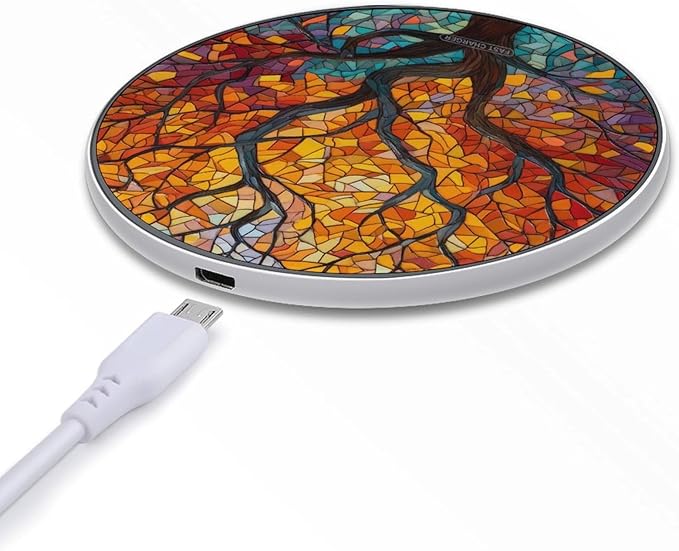 Tree Branches Leaves Stained Glass Fast Portable Charger 10W Funny Graphic Phone Charging Pad with USB Cable