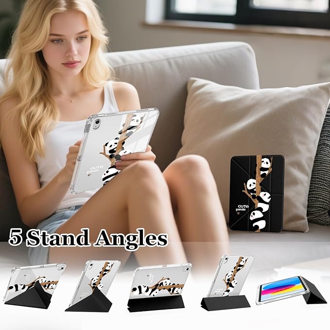 Cute Kawaii Panda for iPad Pro 11 Inch Case 4th/3rd/2nd Generation 2022/2021/2020 with Pencil Holder Auto Sleep/Wake Black Leather Acrylic Back Detachable Cover