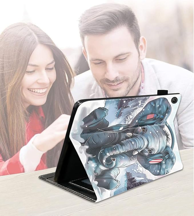 Case for Amazon Kindle Fire 7 Tablet (7 9th/7th Generation 2019/2017 Release) Slim PU Leather Cover with Card Slot &amp Auto Wake/Sleep Headphones Music Elephant