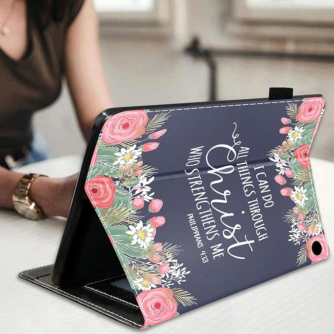 Case for Amazon Kindle Fire HD 8 &amp Fire HD 8 Plus Tablet (12th/10th Gen 2022/2020 Release) Premium PU Leather Stand Cover with Smart Auto Wake Floral Quote Bible Verse Philippians 4:13