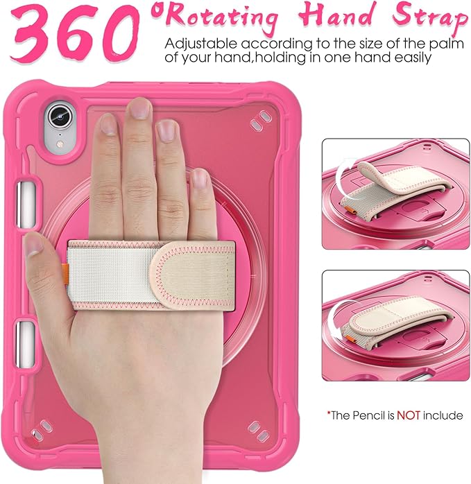 BRAECNstock Case for iPad mini 7 (A17 pro) 2024 &amp Mini 6 2021 8.3-inchShockproof Protective Cover with Pencil HolderScreen Protector360° Rotating Hand Strap/Stand-Rose Red