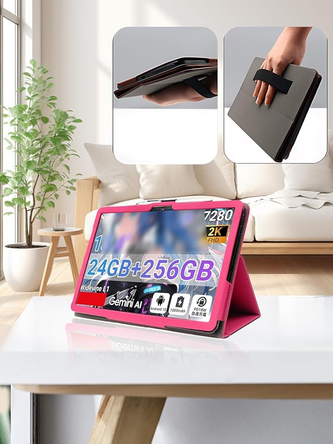 for TABWEE T60 Pro/VekfulPC T60 Pro 13.4 Inch Android Tablet CaseBOVUGAC Folding Stand Protective Cover with Pencil Holder and Wrist StrapFull Protection Premium PUScratch Resistant(Rose Red)