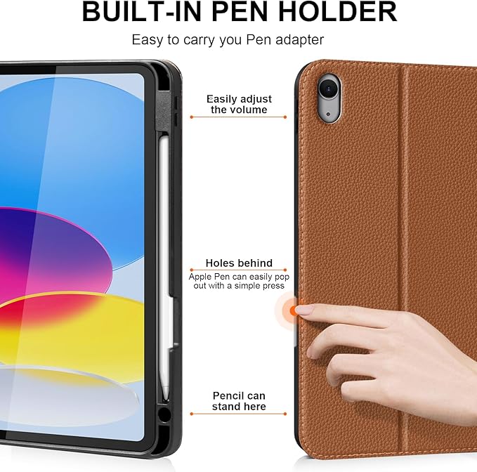 for iPad 11th Gen 11 inch 2025 &amp 10th Gen 10.9 inch 2022 Case with Pencil Holder Premium Leather Smart Cover Auto Wake/Sleep Multi-Angle Protective Stand CaseBrown