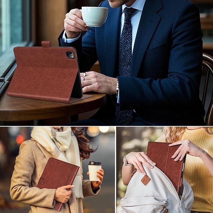 Genuine Leather Case for iPad Pro 11 Inch 4th-1st Gen 2022/2021/2020/2018 Premium Folio Cover with Pencil Holder Auto Wake/Sleep Adjustable Stand Wear-Resistant Protective Case-Red Brown