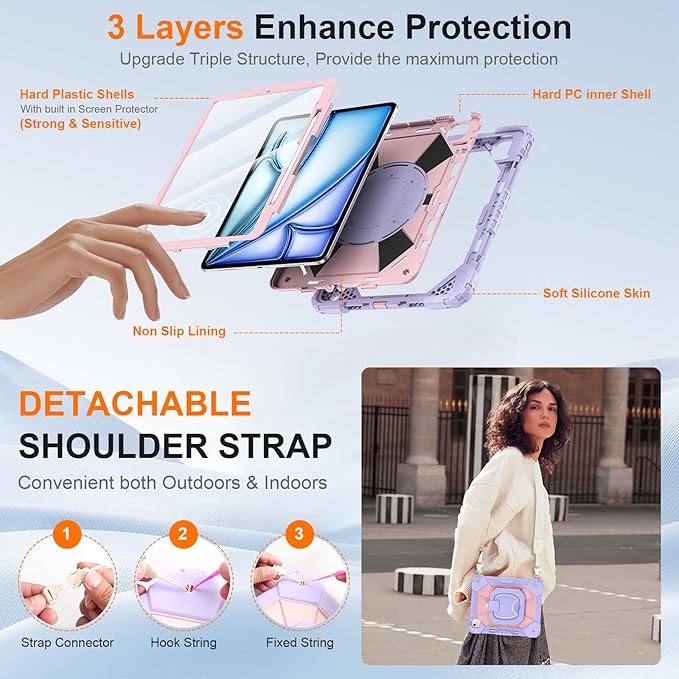 Case for iPad Air 13 Inch Case M4 2026/M3 2025/ M2 2024 Auorld for iPad Air 13 Inch Case M4 2026 Case with Screen Protector 360 Degree Rotating Stand Shoulder Strap Pencil Holder Purple Pink