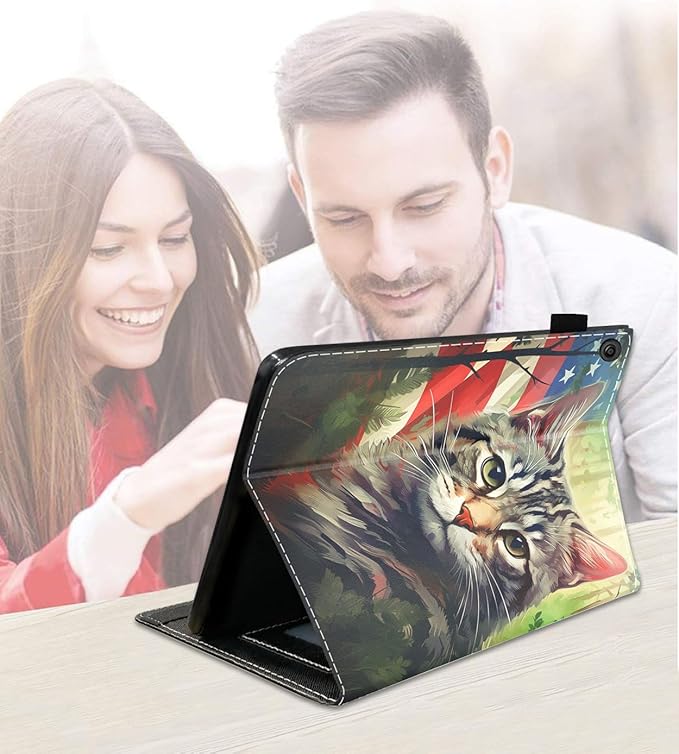 Case for Amazon Kindle Fire 7 Tablet (7 9th/7th Generation 2019/2017 Release) Slim PU Leather Cover with Card Slot &amp Auto Wake/Sleep American Flag Cat