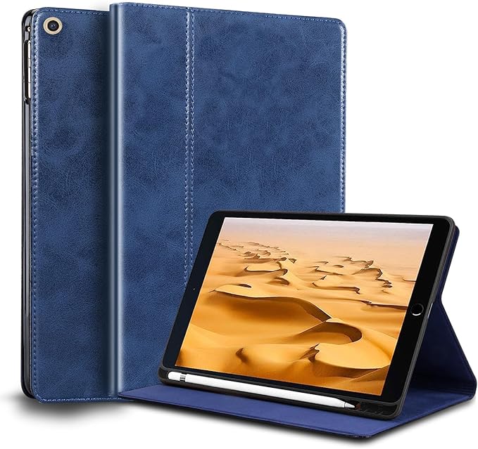 for Ipad Case 10.2-inch 9th/8th/7th Gen 2021/2020/2019 Genuine Leather Cover Protective ShellBuilt-in Pencil Holder and Auto Wake/Sleep.Blue