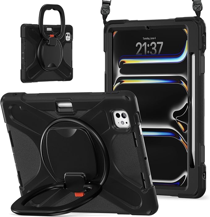 Batianda for New iPad Pro 11-inch Case 2025 M5 2024 M4 Chip Heavy Duty Rugged Durability Silicone Tablet Cover with 360° Rotating Ring Foldable Kickstand &amp Shoulder Strap Black