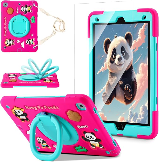 Case for iPad 9th/8th/7th GenerationCute 3D Cool Panda Warrior Design Cover with Screen Protector Rugged Protective Cartoon Case with Stand/Strap/Pen Slot for iPad 10.2 Kids Teens (Rose+Mint)