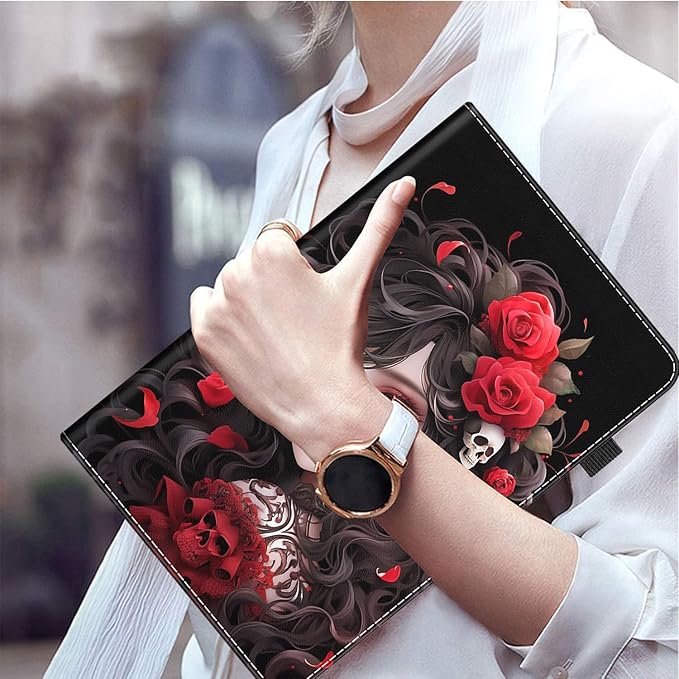 Case for Amazon Fire HD 10 Tablet (9th/7th/5th Generation2019/2017/2015 Release) Multi-Angle Smart Stand Cover Auto Sleep/Wake for Fire 10.1 InchRose Girl Skull