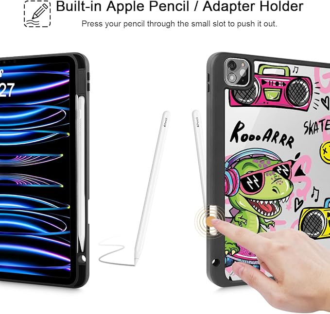 Mektron Case for iPad Pro 11 inch (4th 3rd 2nd &amp 1st Gen) 2022 2021 2020 2018 Buit in Pencil Holder with Shockproof Cover Clear Shell + Trifold Stand + Auto Wake/Sleep Cool Dinosaur