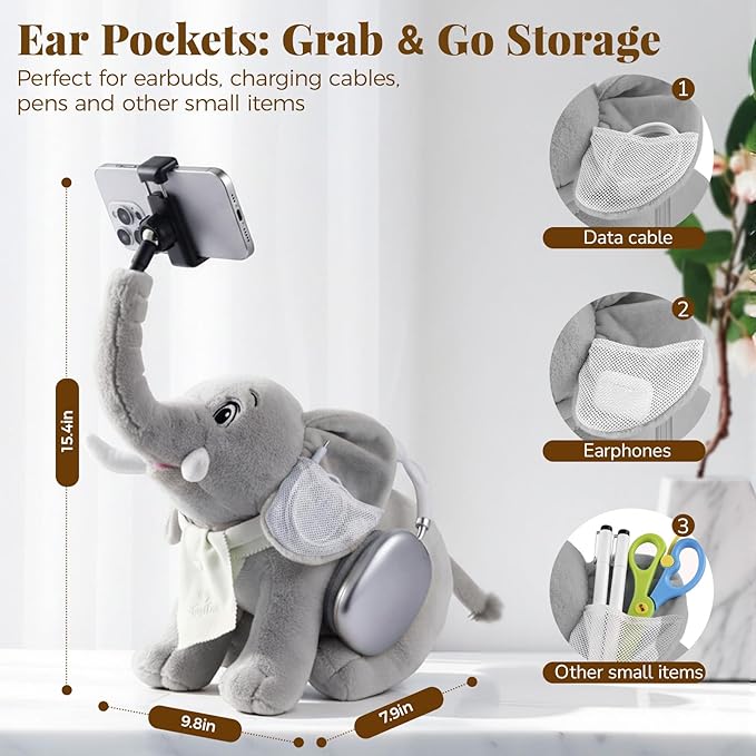 Phone Stand 360°Rotating Desk Phone Stand with 45°Adjustable Trunk Ear Pockets Glasses Cloth Scarf - Plush Phone Holder Back Fits Headphones Cell Phone Stand for desk Bed Sofa Car-Gray/Blue