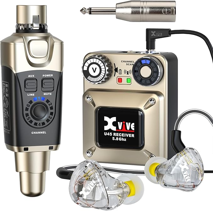 Xvive U45T9 Wireless in Ear Monitor System 5.8ghz with T9 2BA Drivers IEM Earphone IEM System Transmitter and Bodypack Receiver for Studio Band Rehearsal Live Performance Channel Scan Mode