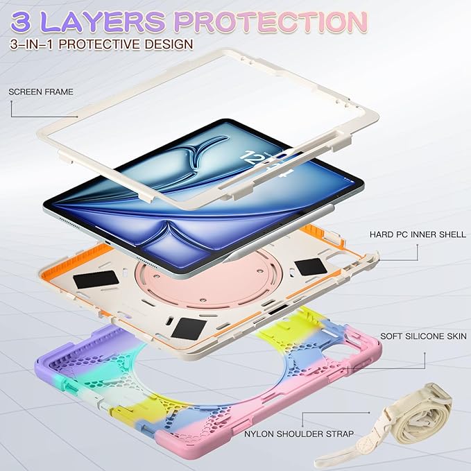 MEEgoodo Case for iPad Air 13 inch 2025 (M3) /2024 (M2) &amp iPad Pro 12.9 Case 6th/5th/4th/3rd Generation 2022 2021 2020 2018Tablet Cover with Pencil Holder/Rotating Stand/Shoulder StrapColourful