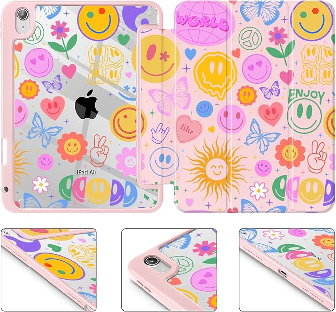 May Chen for iPad Air 11-inch M4/M3/M2 (2026/2025/2024) iPad Air 5th/4th 10.9 Inch - Shockproof Cover with Clear Back Shell &amp Penceil Holder Auto Wake/Sleep Stand Cover Smile Pattern