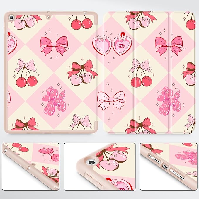 Mektron Designed Printed iPad 10.2 Case 9th Gen (2021)/ 8th Gen (2020)/ 7th Gen (2019) with Pencil Holder Slim Protective Case with Soft TPU Back for iPad 10.2 inch Cherry with Bows